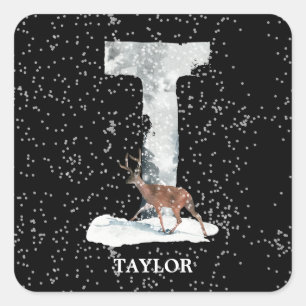 Winter Wonderland Alphabet T Monogramm Rentier Quadratischer Aufkleber