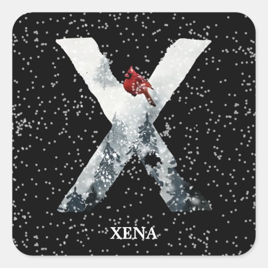 Winter Wonderland Alphabet X Monogram | Roter Voge Quadratischer Aufkleber (Vorderseite)