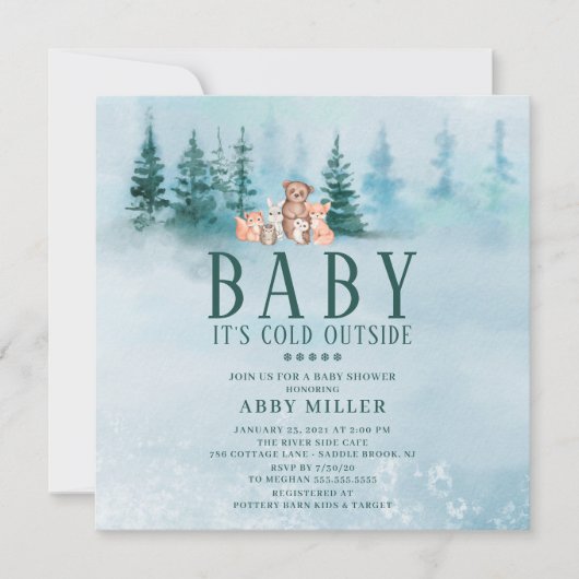Winter Wonderland Animals Baby Es ist kalt draußen Einladung (Vorderseite)