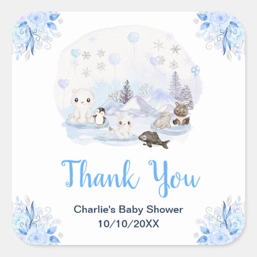 Winter Wonderland Animals Baby Shower Thank You Quadratischer Aufkleber (Vorderseite)