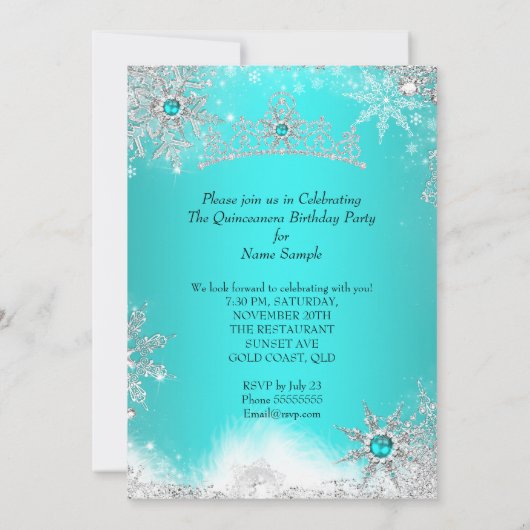 Winter Wonderland Aqua Blue Quinceanera Party Einladung (Rückseite)