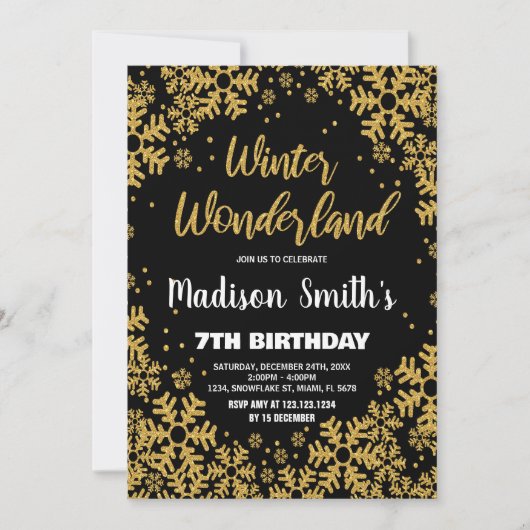 Winter Wonderland Birthday Einladungen Schwarzes G (Vorderseite)