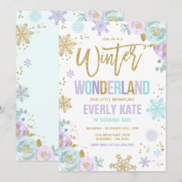 Winter Wonderland Birthday Gold Lila Schneeflocke Einladung