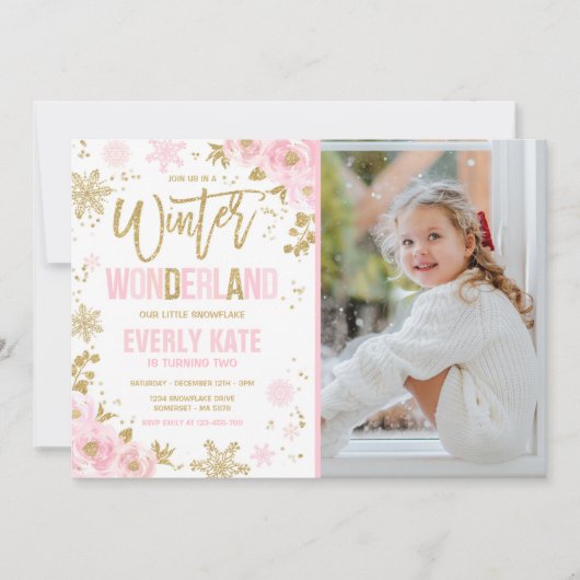 Winter Wonderland Birthday Gold Rosa Schneeflocke Einladung (Vorderseite)