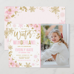Winter Wonderland Birthday Gold Rosa Schneeflocke Einladung