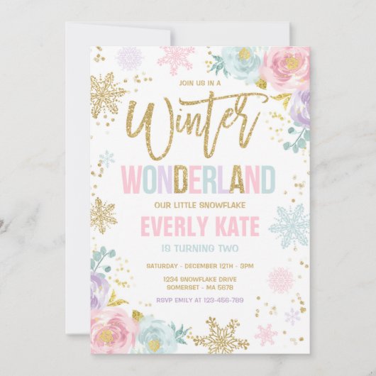 Winter Wonderland Birthday Gold Rosa Schneeflocke Einladung (Vorderseite)