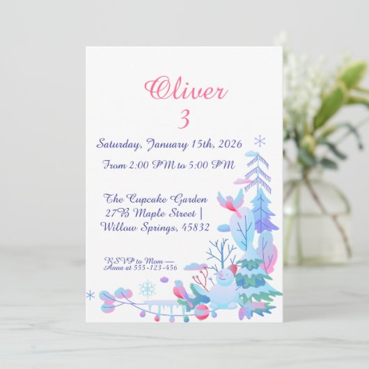 Winter Wonderland Birthday Invitation, Snowman Einladung (Stehend Vorderseite)