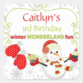 Winter Wonderland Birthday Snowman Mittens Quadratischer Aufkleber