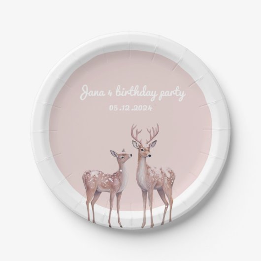 Winter Wonderland Birthday Teller | Rosa und Hirsc (Vorderseite)