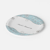 Winter Wonderland Blau & Silberne Wirbel Schneeflo Pappteller (Schrägansicht)