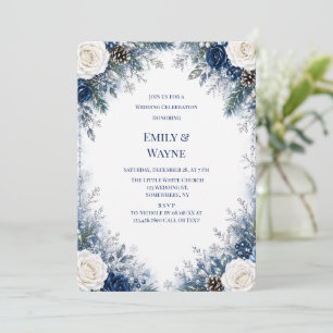 Winter Wonderland Blaue und Weiße Rosen Hochzeit Einladung