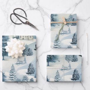 Winter Wonderland: Blauer und weißer Weihnachtsbau Geschenkpapier Set