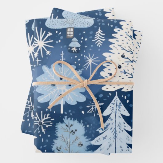 Winter Wonderland: Blauer und weißer Weihnachtsbau Geschenkpapier Set (Beispiel)