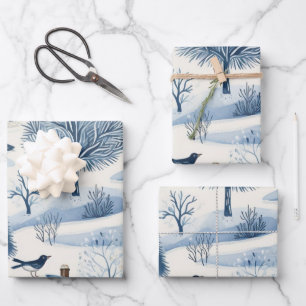 Winter Wonderland: Blauer und weißer Weihnachtsbau Geschenkpapier Set