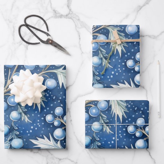 Winter Wonderland: Blauer und weißer Weihnachtsbau Geschenkpapier Set (Vorderseite)