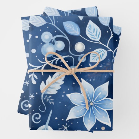 Winter Wonderland: Blauer und weißer Weihnachtsbau Geschenkpapier Set (Beispiel)