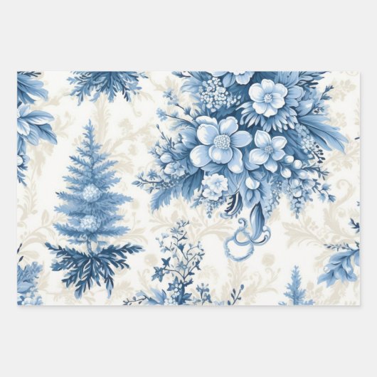 Winter Wonderland: Blauer und weißer Weihnachtsbau Geschenkpapier Set (Vorderseite)