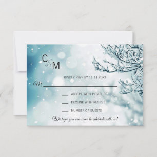 Winter Wonderland Blue Branch Snow Wedding RSVP Karte