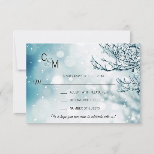 Winter Wonderland Blue Branch Snow Wedding RSVP Karte (Vorderseite)