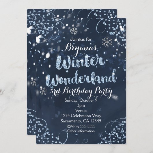 Winter Wonderland Blue Elegante Party Einladungen (Vorne/Hinten)
