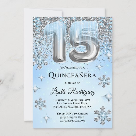 Winter Wonderland Blue Silver Balloons Quinceanera Einladung (Vorderseite)
