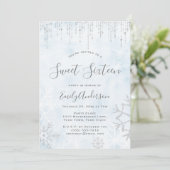 Winter Wonderland Blue Silver Snow Ice Sweet 16 Einladung (Stehend Vorderseite)