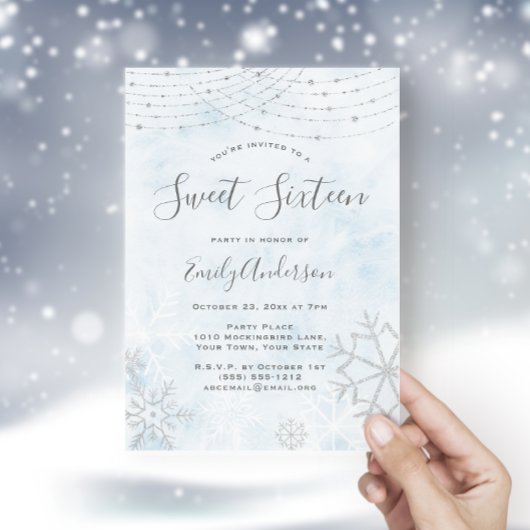 Winter Wonderland Blue Silver Snowflake Sweet 16 Einladung