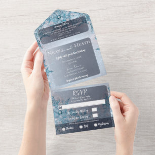 Winter Wonderland Blue Snowflakes Hochzeit All In One Einladung