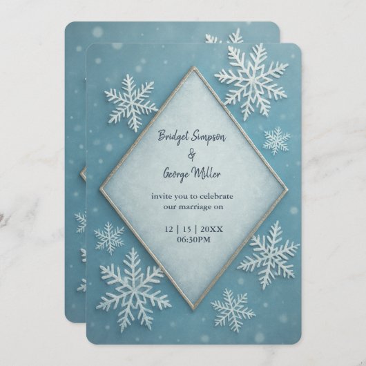 Winter Wonderland Blue Snowy Romantische Hochzeit Einladung (Vorne/Hinten)