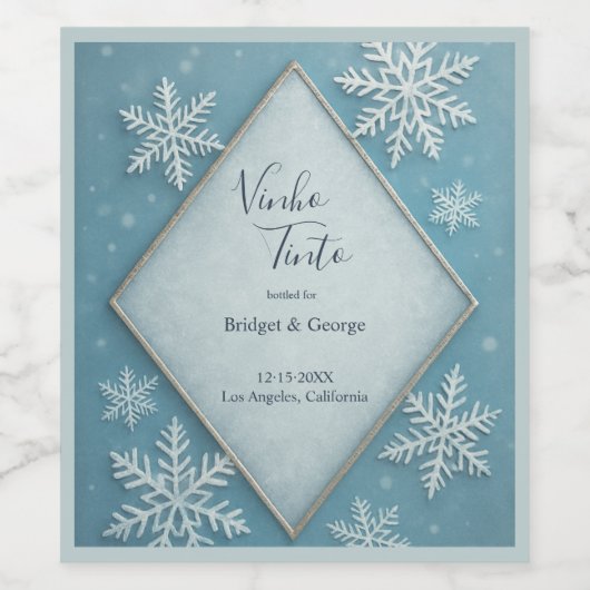 Winter Wonderland Blue Snowy Romantische Hochzeit Weinetikett (Einzelnes Label)