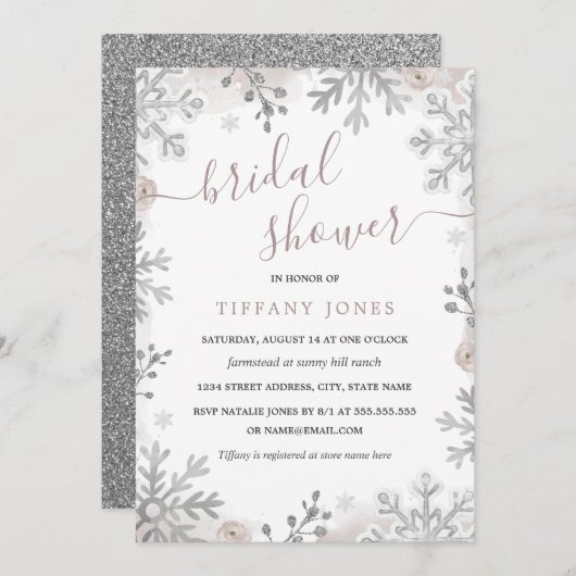 Winter Wonderland Blush Silver Brautparty Einladung (Vorne/Hinten)