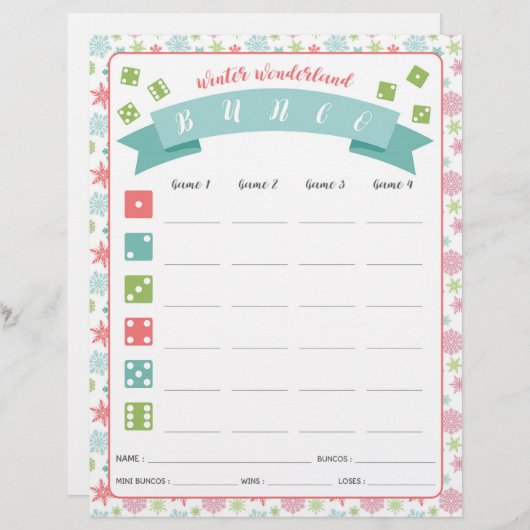 Winter Wonderland Bunco Party Game Score Card (Vorne/Hinten)