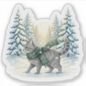Winter Wonderland Cat Snowy Forest Scarf Christmas Aufkleber (Vorderseite)
