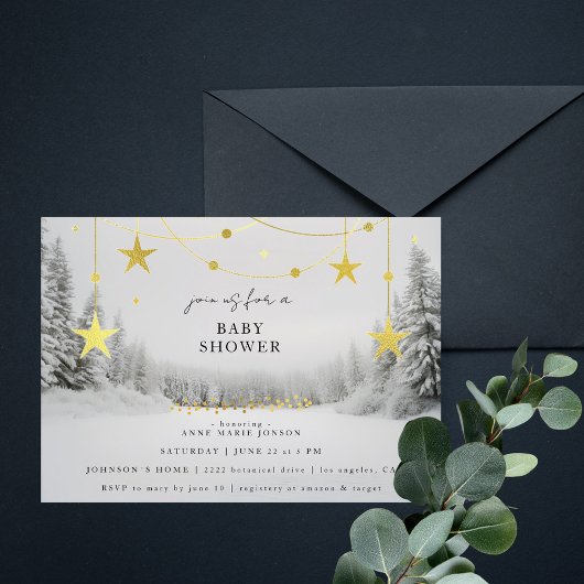 Winter Wonderland Chic Grey Gold Baby Shower Einladung