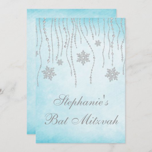 Winter Wonderland Diamond Schneeflocken Bat Mitzva Einladung (Vorne/Hinten)