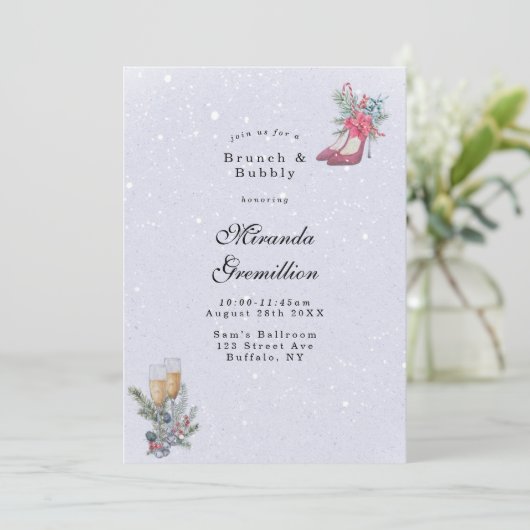 Winter Wonderland Dusty Blue Brunch und Bubbly Einladung (Stehend Vorderseite)