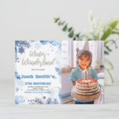 Winter Wonderland Einladungen Blau mit Foto (Stehend Vorderseite)