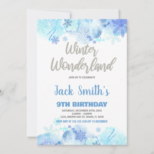 Winter Wonderland Einladungen Blauer Silberschnee (Vorderseite)