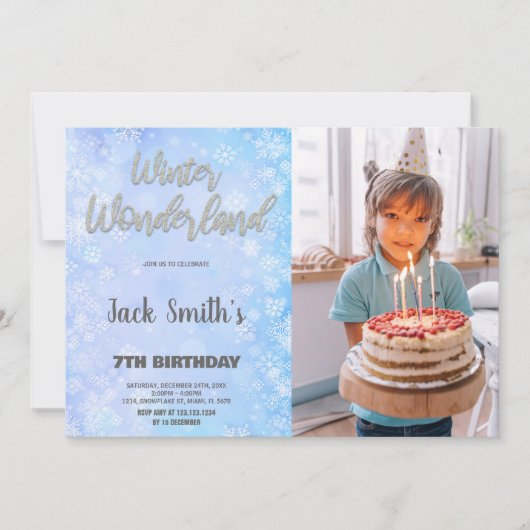 Winter Wonderland Einladungen Blaues Silberes Foto (Vorderseite)