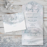 Winter Wonderland Elegante Script Snow Wedding All In One Einladung<br><div class="desc">Die Winter-Wunderland-Hochzeitseinladung mit Schneeflocken im Winterfrosthintergrund. Die Einladung enthält eine perforierte RSVP-Karte,  die für Sie individuell adressiert oder links als leere Karte für die Handschrift der Adressdaten Ihres Gastes verwendet werden kann. Entwickelt von Thisisnotme©</div>