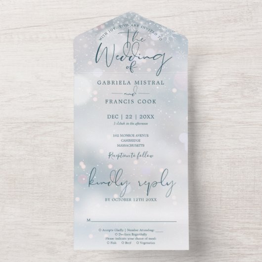 Winter Wonderland Elegante Script Snow Wedding All In One Einladung (Innen Boden)