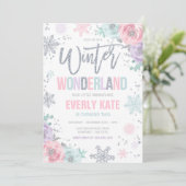 Winter Wonderland Geburtstag Silver Pink Schneeflo Einladung (Stehend Vorderseite)