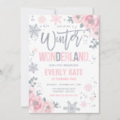 Winter Wonderland Geburtstag Silver Pink Schneeflo Einladung (Vorderseite)