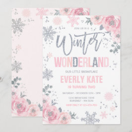Winter Wonderland Geburtstag Silver Pink Schneeflo Einladung