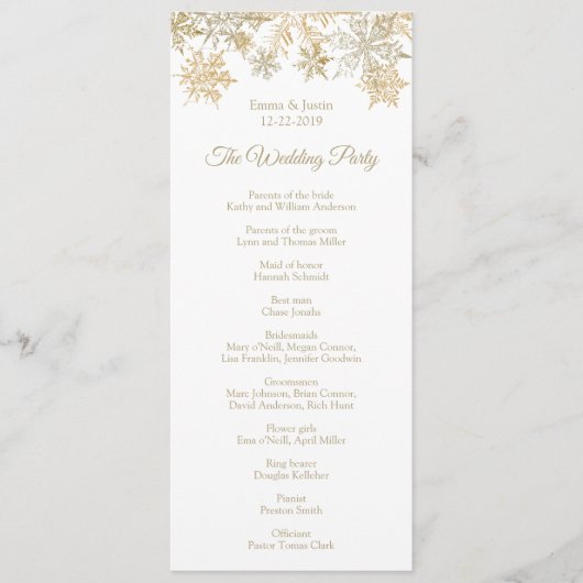 Winter Wonderland Gold Snowflakes Hochzeit Programm (Vorderseite)