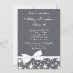 Winter Wonderland Gray Snowflake Bow Sweet 16 Einladung