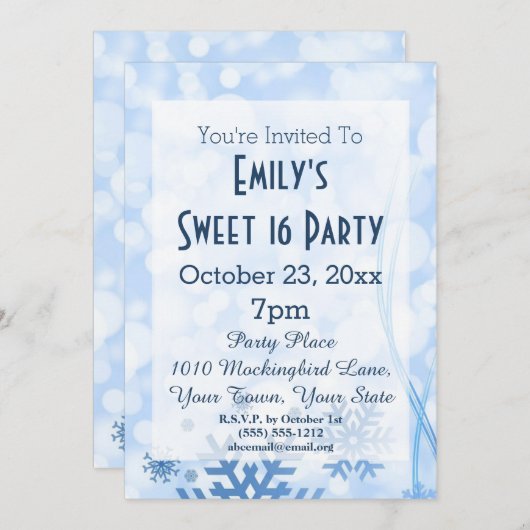 Winter Wonderland Ice Thema Blue Sweet 16 Geburtst Einladung (Vorne/Hinten)