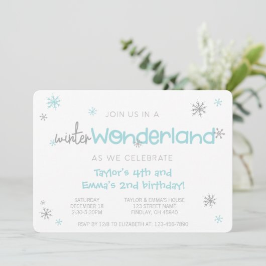 Winter Wonderland Joint Birthday Party, jedes Alte Einladung (Stehend Vorderseite)