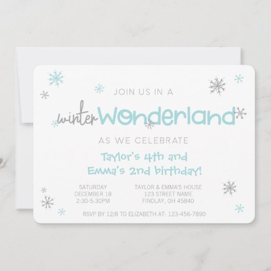 Winter Wonderland Joint Birthday Party, jedes Alte Einladung (Vorderseite)