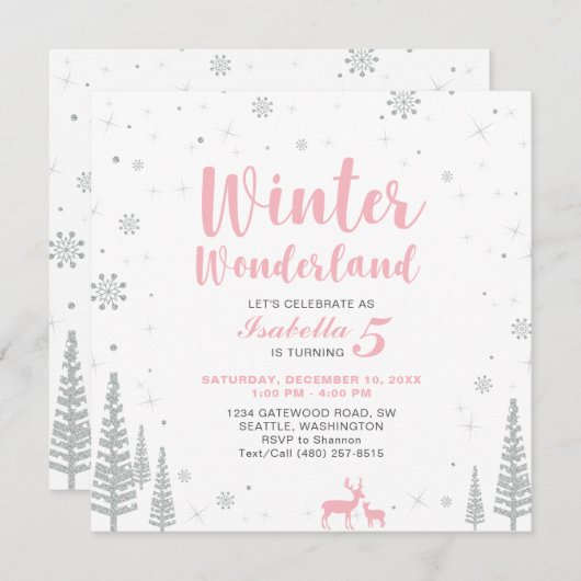 Winter Wonderland Kindergeburtstag Einladung - Mäd (Vorne/Hinten)